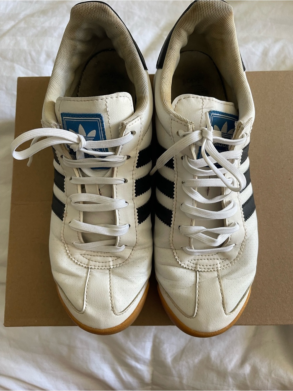 adidas White Sneakers with Black Stripes and Gum Sole
